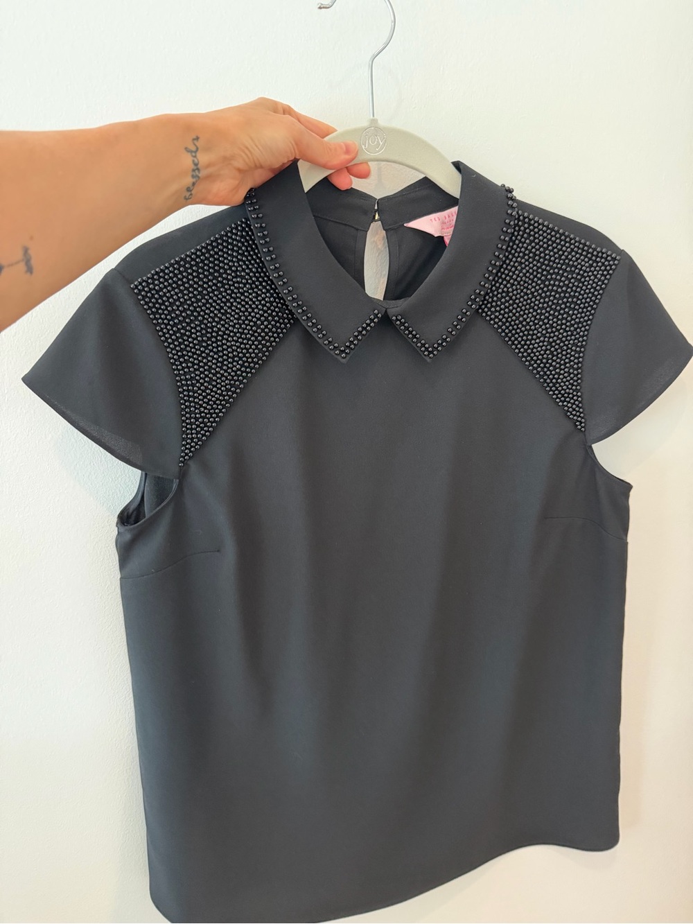 Ted Baker Black Beaded Peter Pan Collar Cap-Sleeve Top